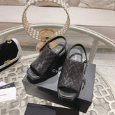 Double C  Chunky Heel Peep-Toe Open Sandals Black Lambskin